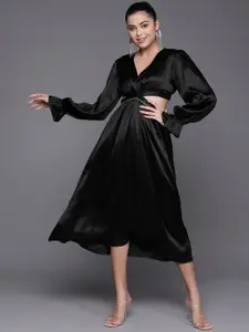 SASSAFRAS Women Black Solid Satin A-Line Midi Dress
