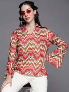 SASSAFRAS Red & White Chevron Printed Bell Sleeves Top