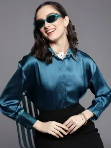 SASSAFRAS Women Teal Blue Comfort Fit Satin Longline Party Shirt