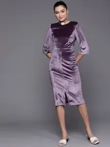 SASSAFRAS Women Purple Solid Velvet Sheath Midi Dress