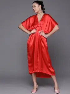 SASSAFRAS Women Red Solid Satin Kaftan Midi Dress