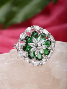 KARATCART Silver-Plated Green Cubic Zirconia Studded Finger Ring