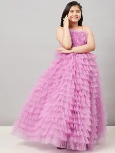 Stylo Bug Girls Pink Self Design Shoulder Straps Net Maxi Dress