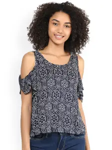 Harpa Women Navy & White Printed Cold Shoulder Top
