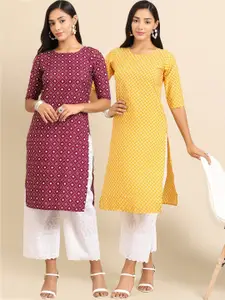 KALINI Women Pack Of 2 Maroon & Yellow Geometric Printed Crepe Kurta
