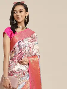 Silk Land White & Pink Ethnic Motifs Zari Art Silk Banarasi Saree