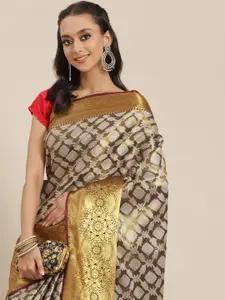 Silk Land Olive Green & White Ethnic Motifs Zari Brocade Banarasi Saree