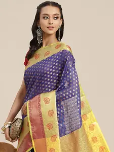 Silk Land Navy Blue & Yellow Ethnic Motifs Zari Art Silk Kanjeevaram Saree