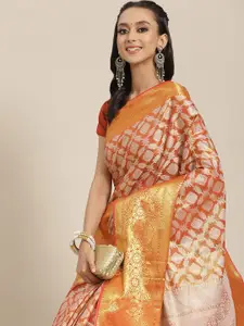Silk Land Red & Orange Ethnic Motifs Zari Brocade Banarasi Saree