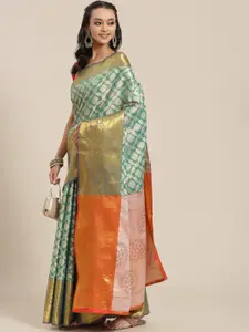 Silk Land Green & Orange Ethnic Motifs Zari Brocade Banarasi Saree