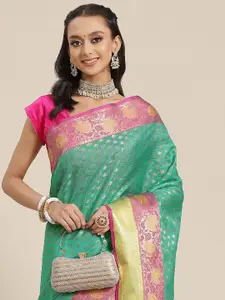 Silk Land Green & Pink Ethnic Motifs Zari Art Silk Kanjeevaram Saree