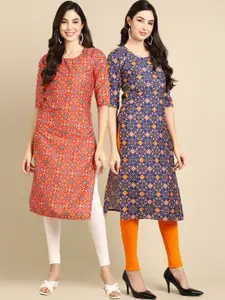 KALINI Women Pack Of 2 Orange & Blue Geometric Printed Block Print Handloom Crepe Kurtas
