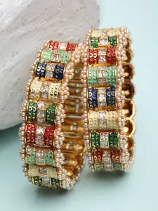 KARATCART Set Of 2 Gold-Plated & Red Stone Studded Rajwadi Bangle