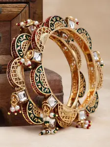KARATCART Pack Of 2 Gold-Plated White & Green Stone Studded & Beaded Bangles