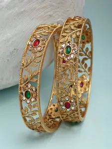 KARATCART Set Of 2 Gold-Plated Red & Green Stone Studded Handcrafted Bangles