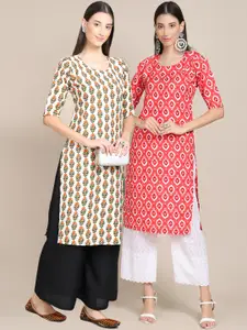 7Threads Women Cream-Coloured & Peach-Coloured Ethnic Motifs Printed Crepe Kurta