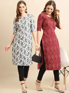 7Threads Women's Crepe Off White & Maroon Color Printed Straight Handloom Kurta (PACK OF 2)