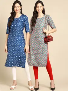 7Threads Women Pack Of 2 Blue & Maroon Geometric Printed Block Print Crepe Kurtas