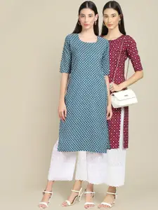 7Threads Women Pack Of 2 Maroon & Blue Geometric Striped Block Print Handloom Crepe Kurtas