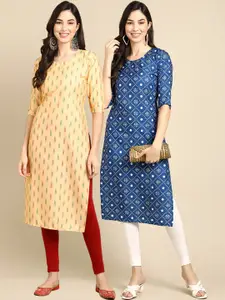 7Threads Women Pack of 2 Yellow Printed Crepe Kurta