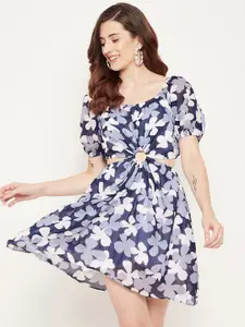 Bitterlime Blue Floral Off-Shoulder Georgette Dress