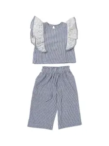 A Little Fable Girls Navy Blue & White Striped Top with Trousers