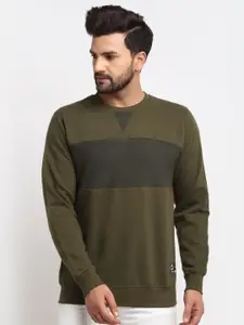 Club York Men Olive Green Colourblocked Cotton Sweatshirt