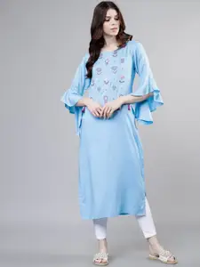 Vishudh Women Blue Floral Embroidered Flared Sleeves Thread Work Kurta