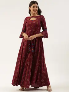 Ethnovog Maroon  Gold Floral Maxi Ethnic Dress Cut-Out with Tassels