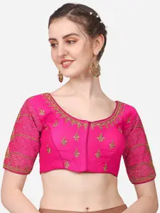PUJIA MILLS Pink Embroidered Padded Saree Blouse