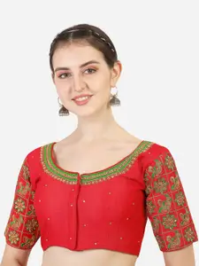 PUJIA MILLS Women Red Embroiderd Saree Blouse