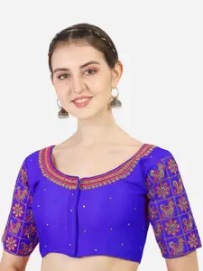PUJIA MILLS Blue & Gold-Coloured Embroidered Readymade Saree Blouse