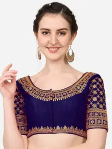 PUJIA MILLS Navy Blue & Gold-Toned Embroidered Silk Readymade Saree Blouse