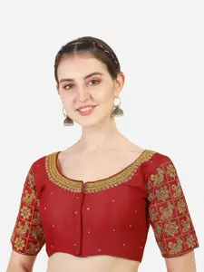 PUJIA MILLS Women Maroon & Gold-Colored Embroidered Readymade Saree Blouse