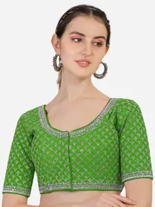 PUJIA MILLS Green Embroidered Silk Saree Blouse