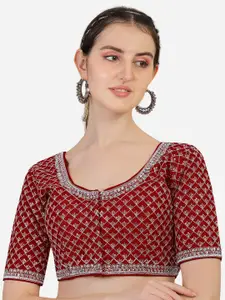 PUJIA MILLS Maroon Embroidered Padded Saree Blouse
