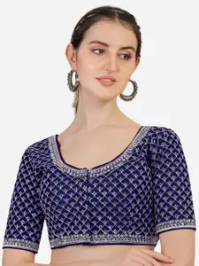 PUJIA MILLS Navy Blue Embroiderd Sequinned Saree Blouse