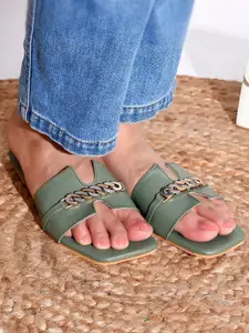 Padvesh Women Olive Green Printed Open Toe Flats