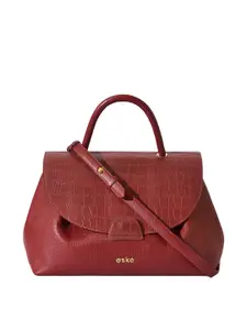 eske Women Wine Croco Textured Flap Closure Spacious Design Pebble Body Leather Handbag