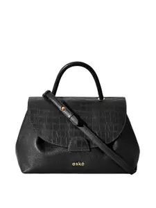 eske Women Black Croco Textured Flap Closure Spacious Design Pebble Body Leather Handbag