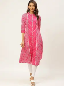 FABRIC FITOOR Women Pink & White Bandhani Printed Cotton Pastels Kurta