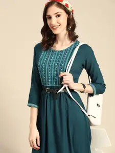 Sangria Women Teal Ethnic Motifs Embroidered Indigo Kurta