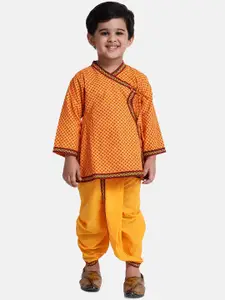BownBee Boys Yellow Ethnic Motifs Angrakha Pure Cotton Kurta with Dhoti Pants