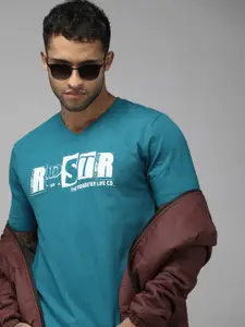 Roadster Men Blue Brand Logo Printed V-Neck Pure Cotton T-shirt