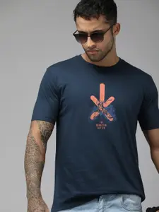 Roadster Men Navy Blue Biker Printed Pure Cotton T-shirt