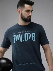 Roadster Men Navy Blue & Black Typography Printed Pure Cotton T-shirt