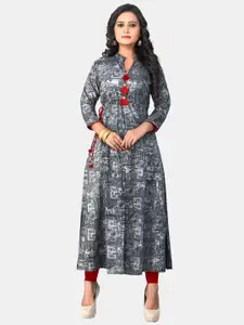 Vbuyz Women Grey Printed Keyhole Neck Mirror Work Kurta