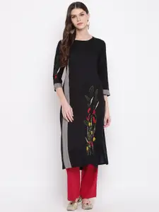 Vbuyz Women Black Floral Embroidered Kurta