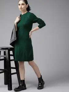 Roadster Women Green Cable Knit Sweater Dress