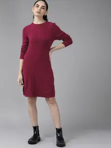 Roadster Women Maroon Cable Knit Sweater Dress